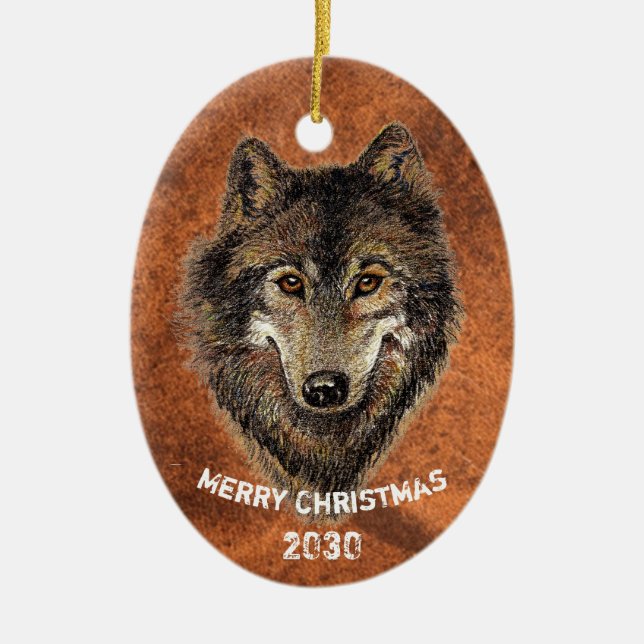 Dated Custom, Wolf, Wolves Animal Nature Art Ceramic Ornament (Front)