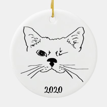 Dated Cute Smiling Winking Cat Drawing Ceramic Ornament