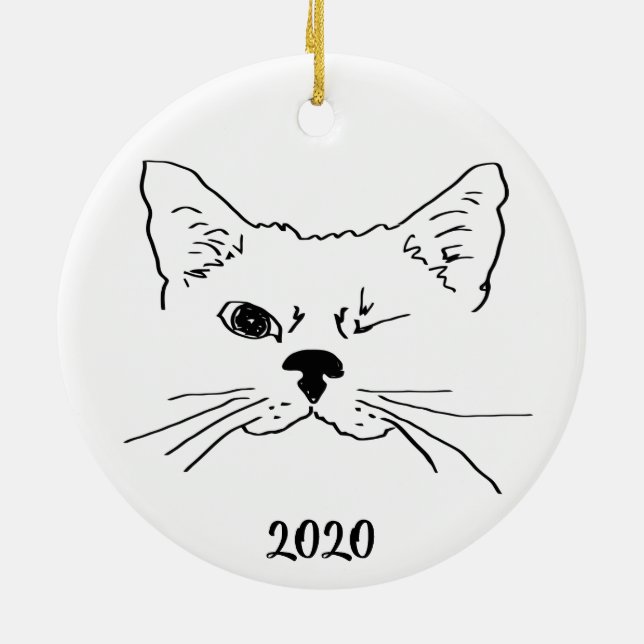 Dated Cute Smiling Winking Cat Drawing Ceramic Ornament (Back)