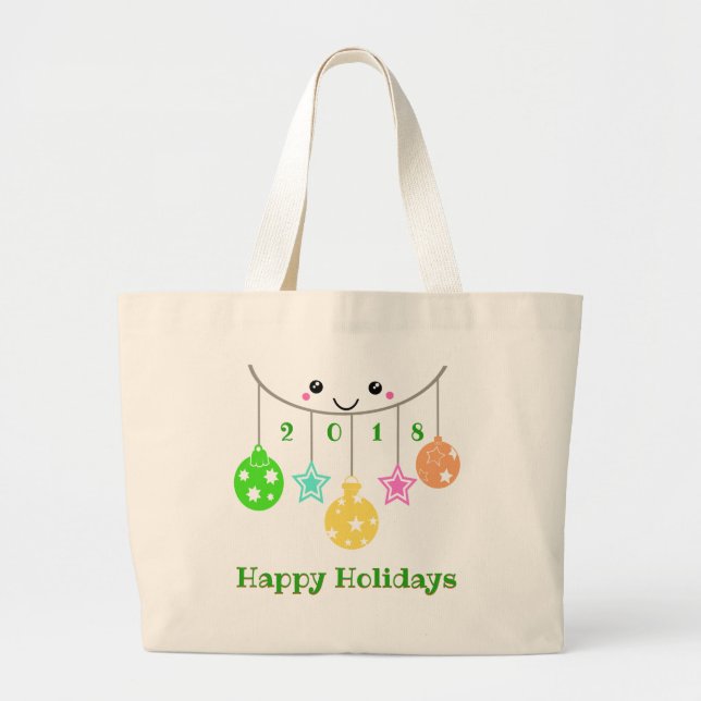 Dated Happy Face Ornaments Large Tote Bag (Front)