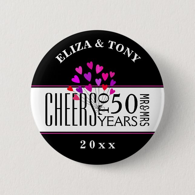 Dated Hearts 50th Wedding Anniversary Party Gift Button (Front)