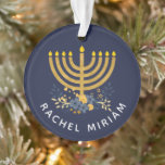 Dated Keepsake Baby's First Hanukkah | Blue & Gold Ornament<br><div class="desc">Nautical Boutique Co.'s keepsake design features baby's name and a watercolor menorah with a flower bouquet on the front side and the year and "First Hanukkah" on the reverse side. If you prefer a different background color,  choose the customize option. #Hanukkah #FirstHanukkah #GiftIdeas</div>
