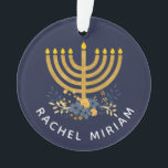 Dated Keepsake Baby's First Hanukkah | Blue & Gold Ornament<br><div class="desc">Nautical Boutique Co.'s keepsake design features baby's name and a watercolor menorah with a flower bouquet on the front side and the year and "First Hanukkah" on the reverse side. If you prefer a different background color,  choose the customize option. #Hanukkah #FirstHanukkah #GiftIdeas</div>