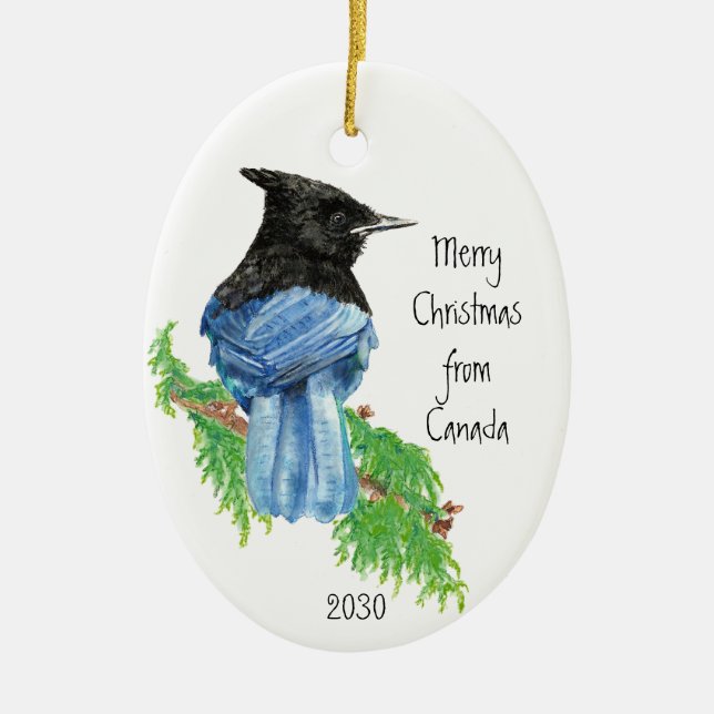 Dated Merry Christmas from Canada Stellar Jay Bird Ceramic Ornament (Front)