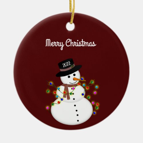 Dated Merry Christmas Snowman Personalized Ceramic Ornament
