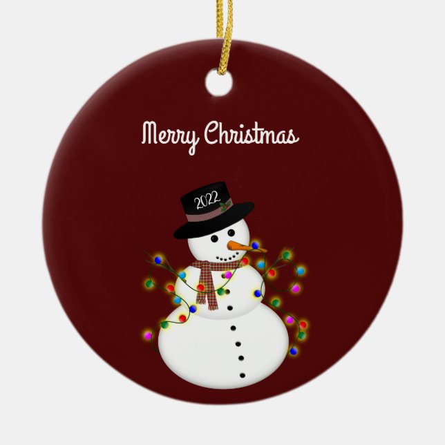 Dated Merry Christmas Snowman Personalized Ceramic Ornament (Front)