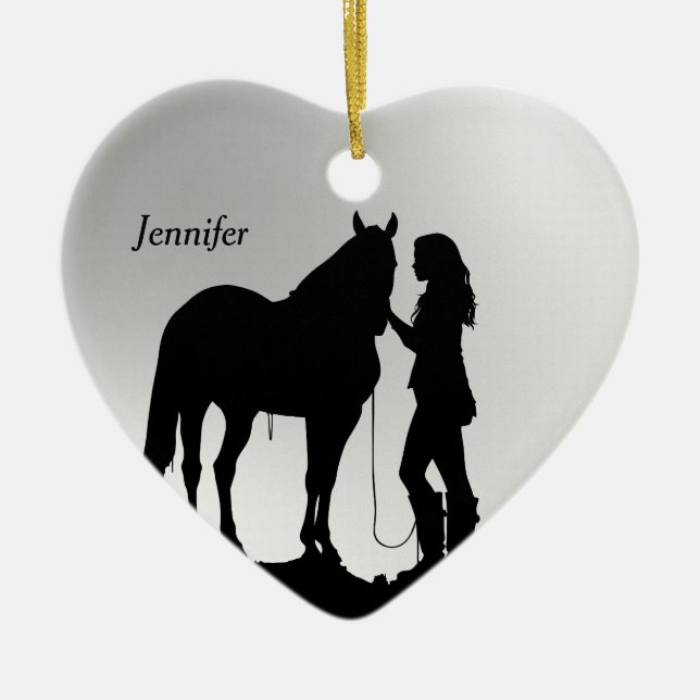 Dated & Name Christmas Horse Girl Silhouette Ceramic Ornament (Front)