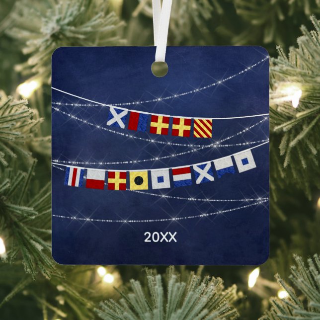 Dated Nautical Merry Christmas Signal Flag Metal Ornament (Insitu)