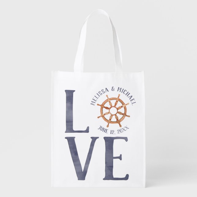 Dated #Nautical Watercolor Wedding Ship's Wheel Grocery Bag (Front)