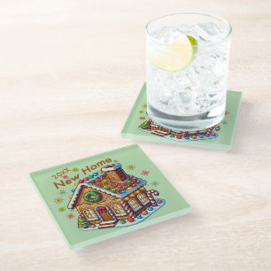 Dated New Home Gingerbread House Glass Coaster