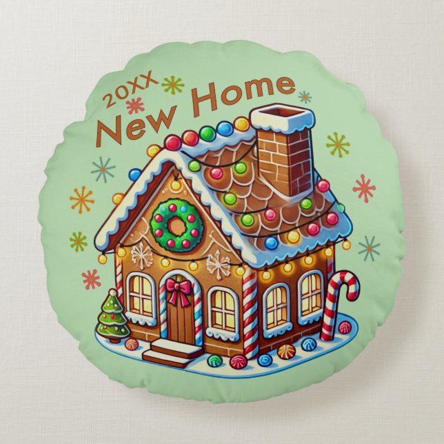 Dated New Home Gingerbread House Round Pillow (Front)