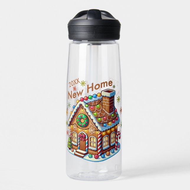 Dated New Home Gingerbread House Water Bottle (Front)