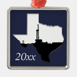 Dated Oil Drilling Rig Texas State Shape Metal Ornament
