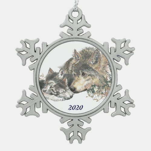 Dated Parent Mother or Father Wolf with Cubs Art Snowflake Pewter Christmas Ornament