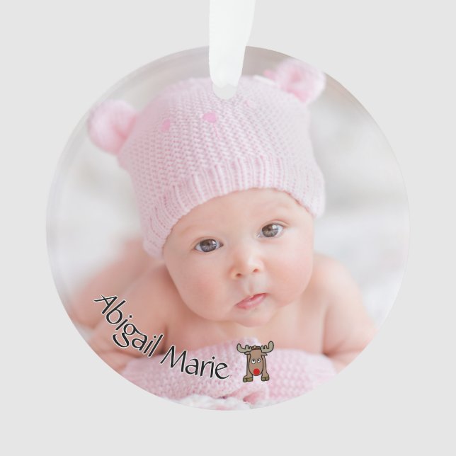 Dated Photo Baby's First Christmas with Reindeer Ornament (Front)