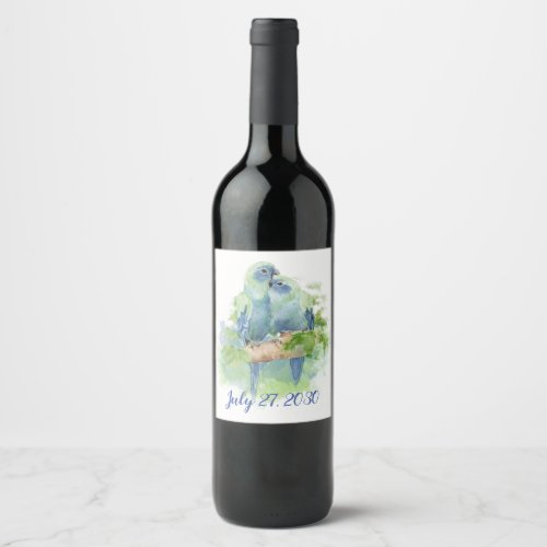 Dated Romantic Blue Parrots Tropical Love birds Wine Label