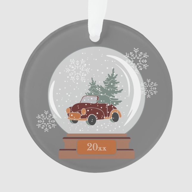 Dated Snow Globe with Red Car & Tree, Personalized Ornament (Front)