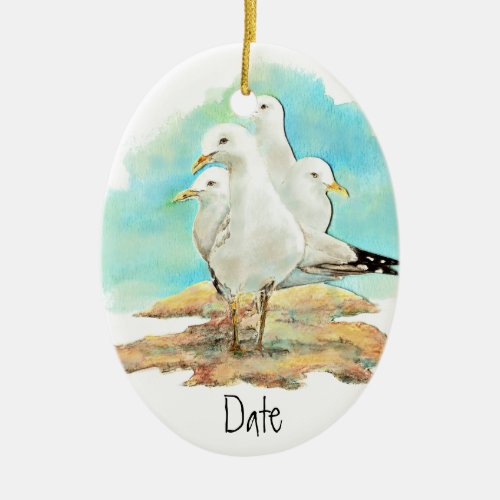 Dated Watercolor Seagull Beach Shore Bird Ceramic Ornament