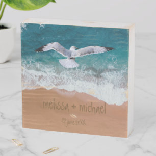 Dated Wedding Keepsake with Beach Sand Writing Wooden Box Sign