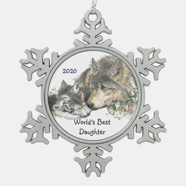 Dated World's Best Daughter  Wolf  Cubs Art Snowflake Pewter Christmas Ornament (Front)