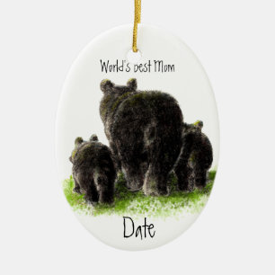 Dated, World's Best Mom Cute Black Bear Ceramic Ornament