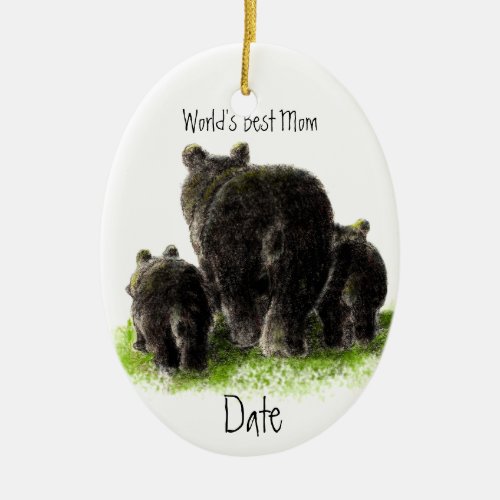 Dated Worlds Best Mom Cute Black Bear Ceramic Ornament