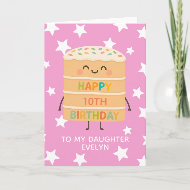 Daughter 10th Birthday Cute Pink Cake Custom Card (Front)