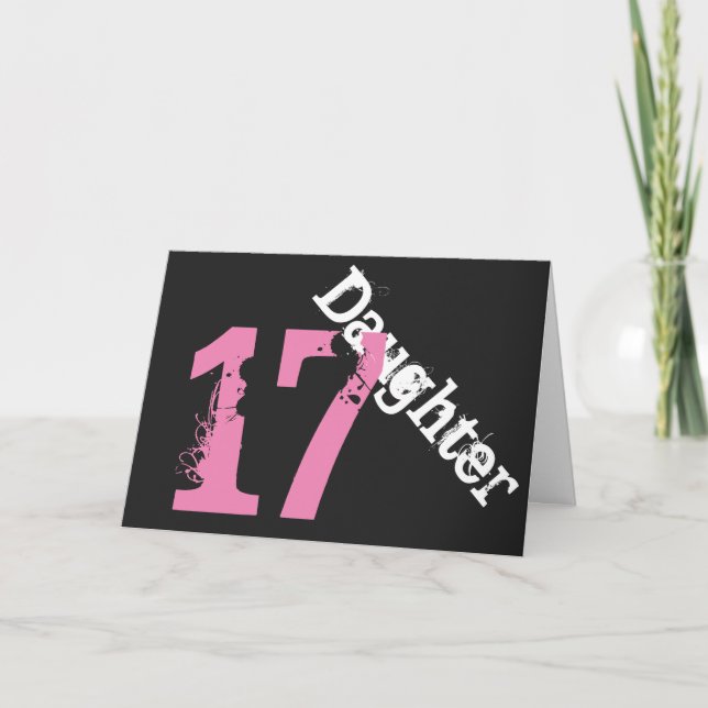 Daughter, 17th birthday, white, pink on black. card (Front)