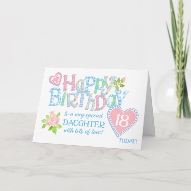 Daughter 18th Birthday Roses Hearts Word Art Card (Front)