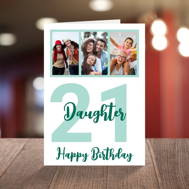 Daughter 21st Birthday Modern Script Photo Collage Card (Creator Uploaded)