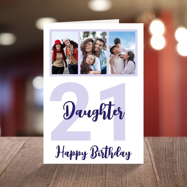 Daughter 21st Birthday Purple Script Photo Collage Card (Creator Uploaded)