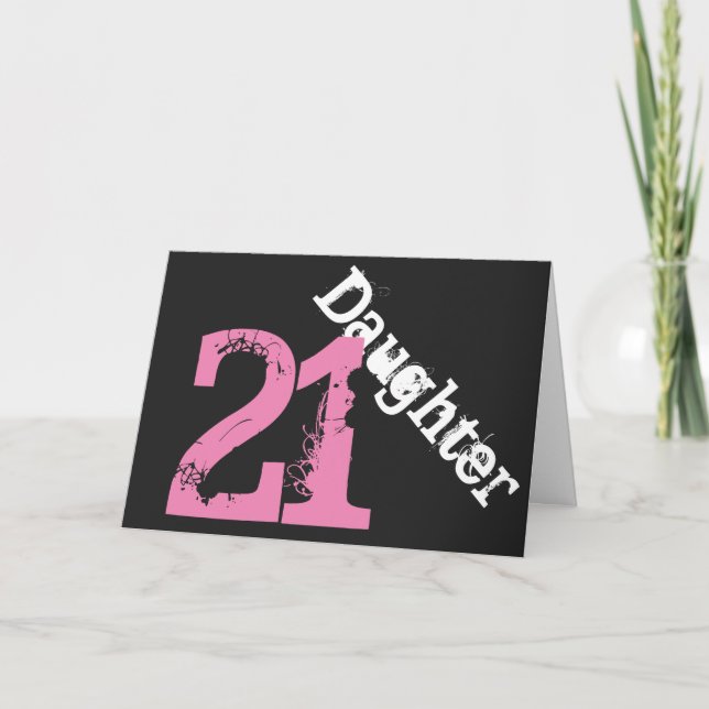 Daughter, 21st birthday, white, pink on black. card (Front)