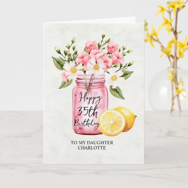 Daughter 35th Birthday Jar Pink Flowers Greeting Card (Yellow Flower)
