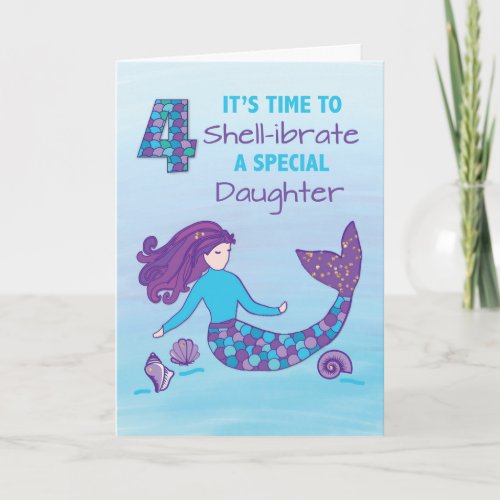 Daughter 4th Birthday Sparkly Look Mermaid Card