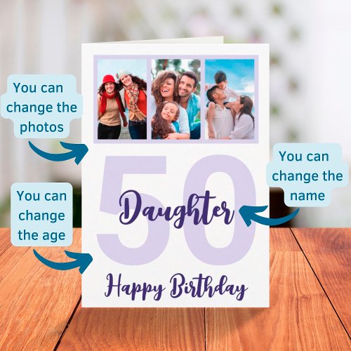 Daughter 50th Birthday Purple Script Photo Collage Card
