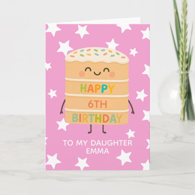 Daughter 6th Birthday Cute Pink Cake Custom Card (Front)