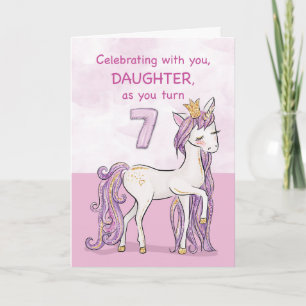 Daughter 7th Birthday Pink Horse With Crown Card