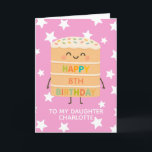 Daughter 8th Birthday Cute Pink Cake Custom Card<br><div class="desc">Celebrate your daughter's big day with this adorable 8th birthday card featuring a cute smiling cake character illustration, colorful sprinkles, and a cheerful “Happy Birthday” message. Set against a playful pink star background, this card is perfect for kids who love fun, silly, and sweet designs. Personalize it with your child’s...</div>