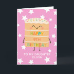 Daughter 9th Birthday Cute Pink Cake Custom Card<br><div class="desc">Celebrate your daughter's big day with this adorable 9th birthday card featuring a cute smiling cake character illustration, colorful sprinkles, and a cheerful “Happy Birthday” message. Set against a playful pink star background, this card is perfect for kids who love fun, silly, and sweet designs. Personalize it with your child’s...</div>
