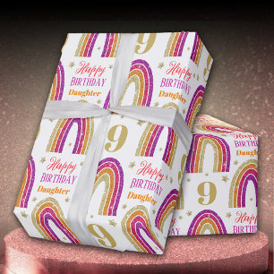 Daughter 9th Birthday Pink Glitter Wrapping Paper