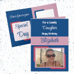Daughter add name photo blue pink birthday card<br><div class="desc">For a lovely daughter birthday card.
Personalize this Greetings Card with a photo and a name.
Designed in blue and pink.</div>