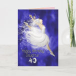 Daughter age 40, leaping ballerina birthday card<br><div class="desc">A ballerina leaps joyfully. A ballerina in a white dress leaves trails of stardust as she leaps. her arms are outstretched and her toes are pointed. the background is blue clouds swirling.</div>