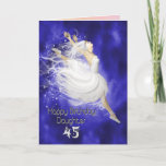 Daughter age 45, leaping ballerina birthday card<br><div class="desc">A ballerina leaps joyfully. A ballerina in a white dress leaves trails of stardust as she leaps. her arms are outstretched and her toes are pointed. the background is blue clouds swirling.</div>