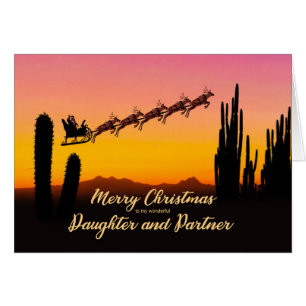 Daughter and Partner Christmas Santa Over Desert Cards