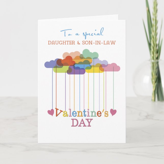 Daughter and Son-in-Law Valentine Rainbow Clouds Holiday Card (Front)