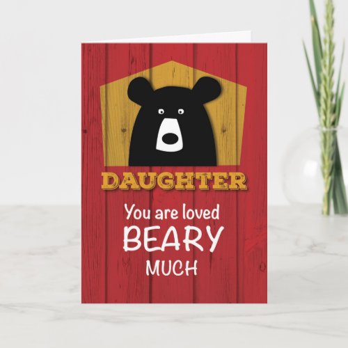 Daughter Bear Valentine Wishes on Red Wood Grain Holiday Card
