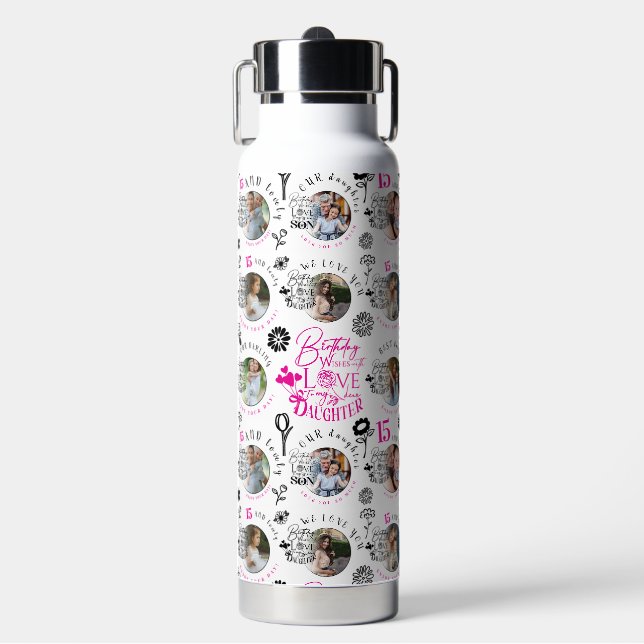 Daughter Birthday Custom Photo Water Bottle (Front)