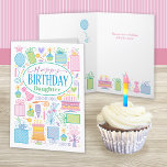 Daughter Birthday Icons Card<br><div class="desc">Cakes,  presents,  balloon,  flowers,  and party hats fill this birthday card for daughter and also form the bottom border on the inside of the card. A bright pastel feminine birthday card for your daughter full of every thing birthday and party related for her.</div>