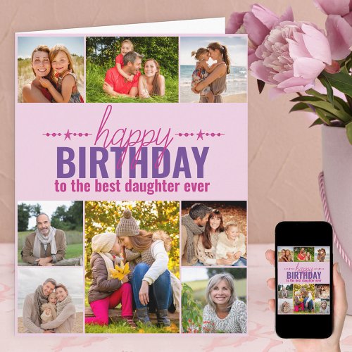 Daughter Birthday Photo Collage Personalized Pink Card