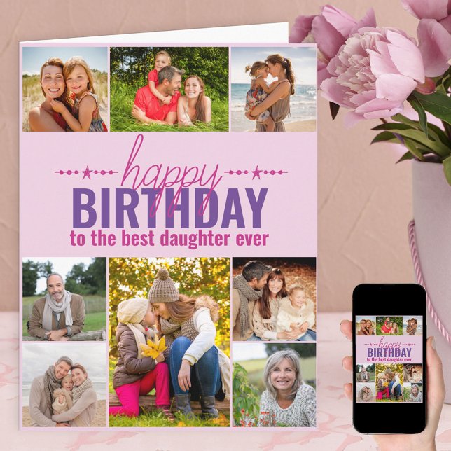 Daughter Birthday Photo Collage Personalized Pink Card (Creator Uploaded)